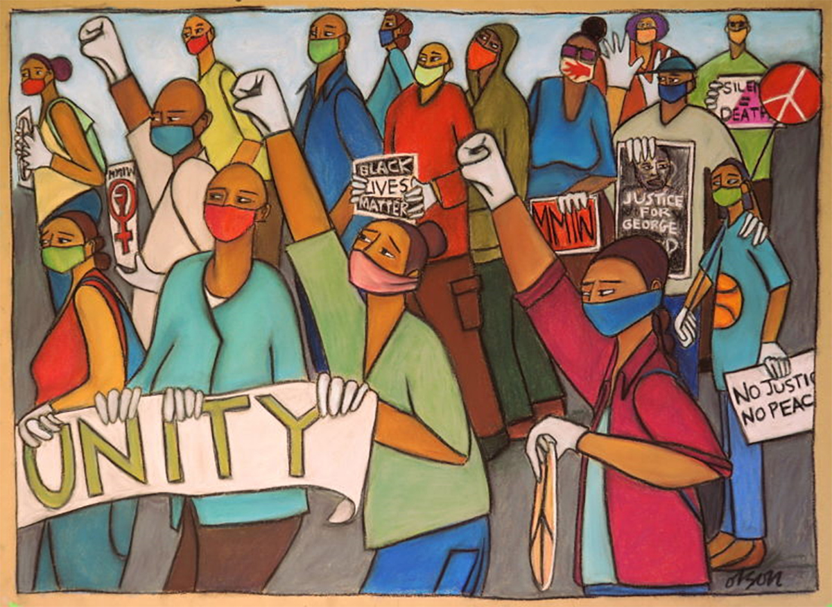 Painting of people with raised fists holding unity sign