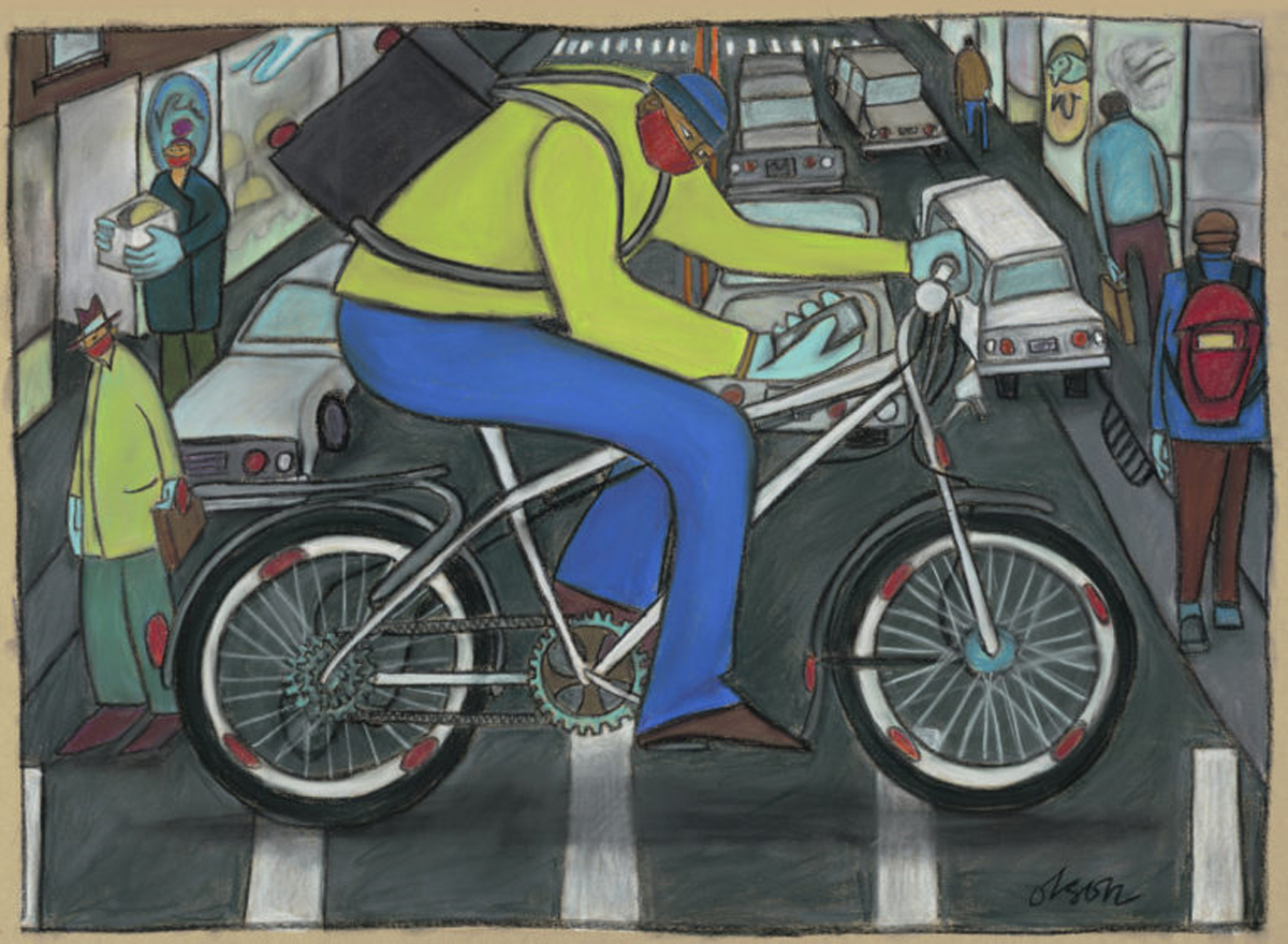 Painting of person riding a bicycle in traffic holding a phone