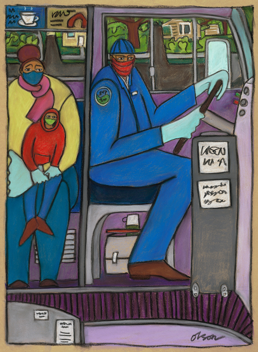 Painting of a mother and child and busdriver on a bus
