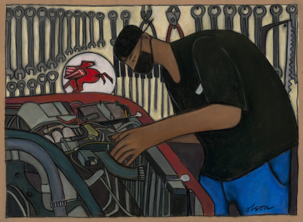 Painting of a mechanic working on a car engine