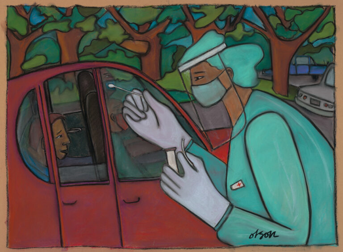 painting of healthcare worker giving a person in a car a covid test