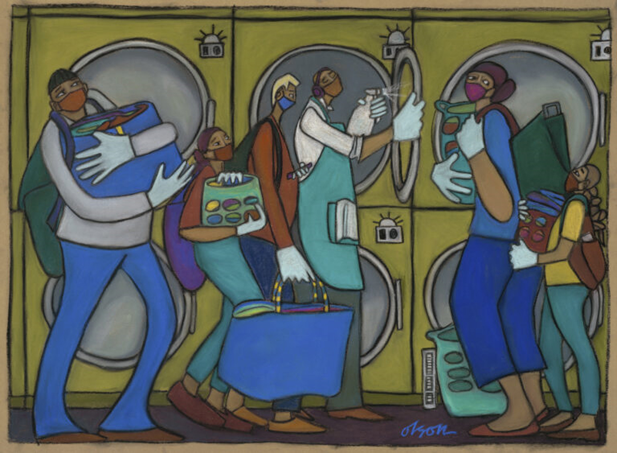 Painting of multiple people and children at a laundromat