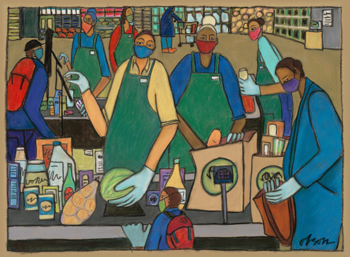 painting of grocery store check out line