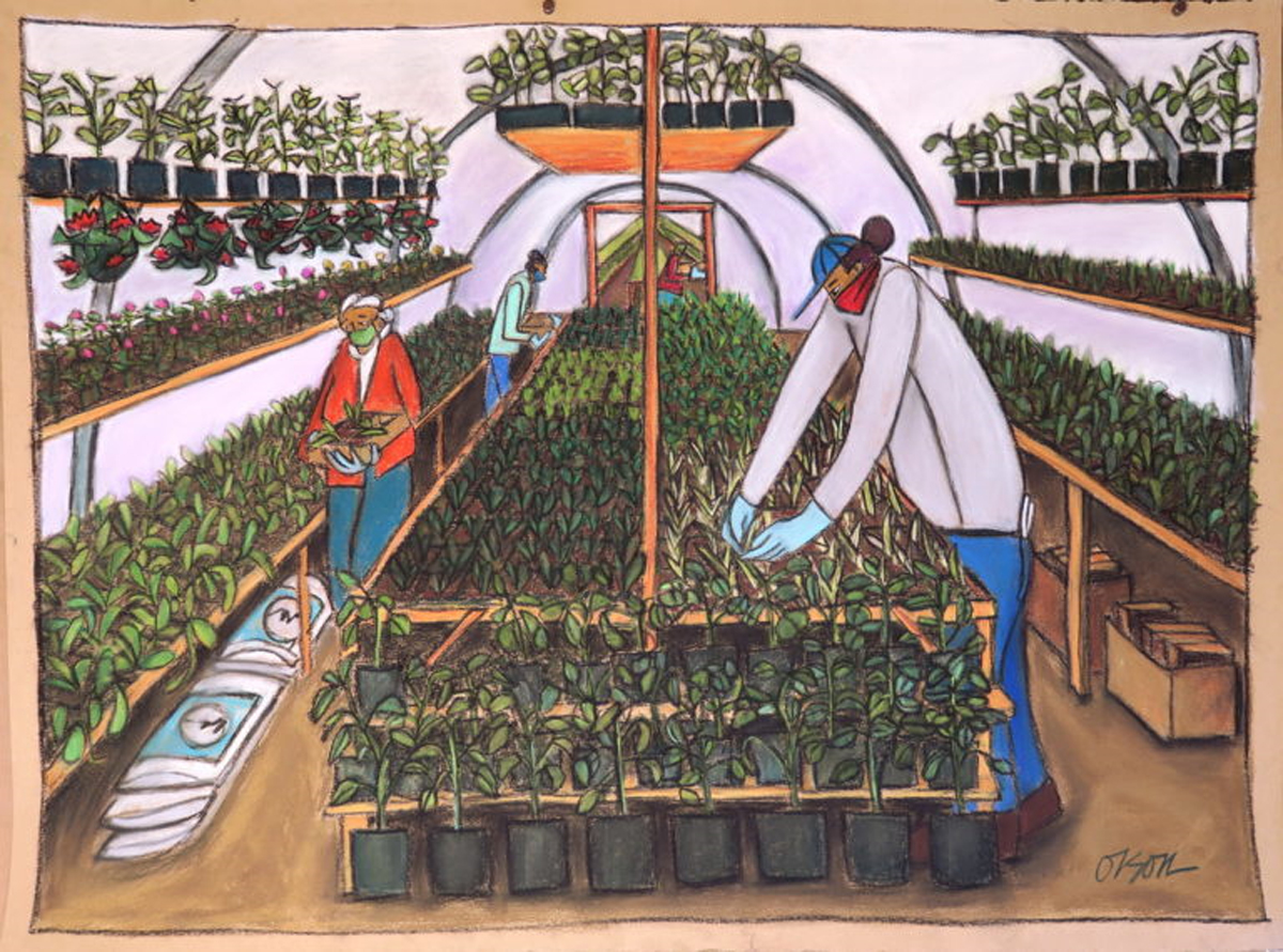 painting of workers in a greenhouse with plants