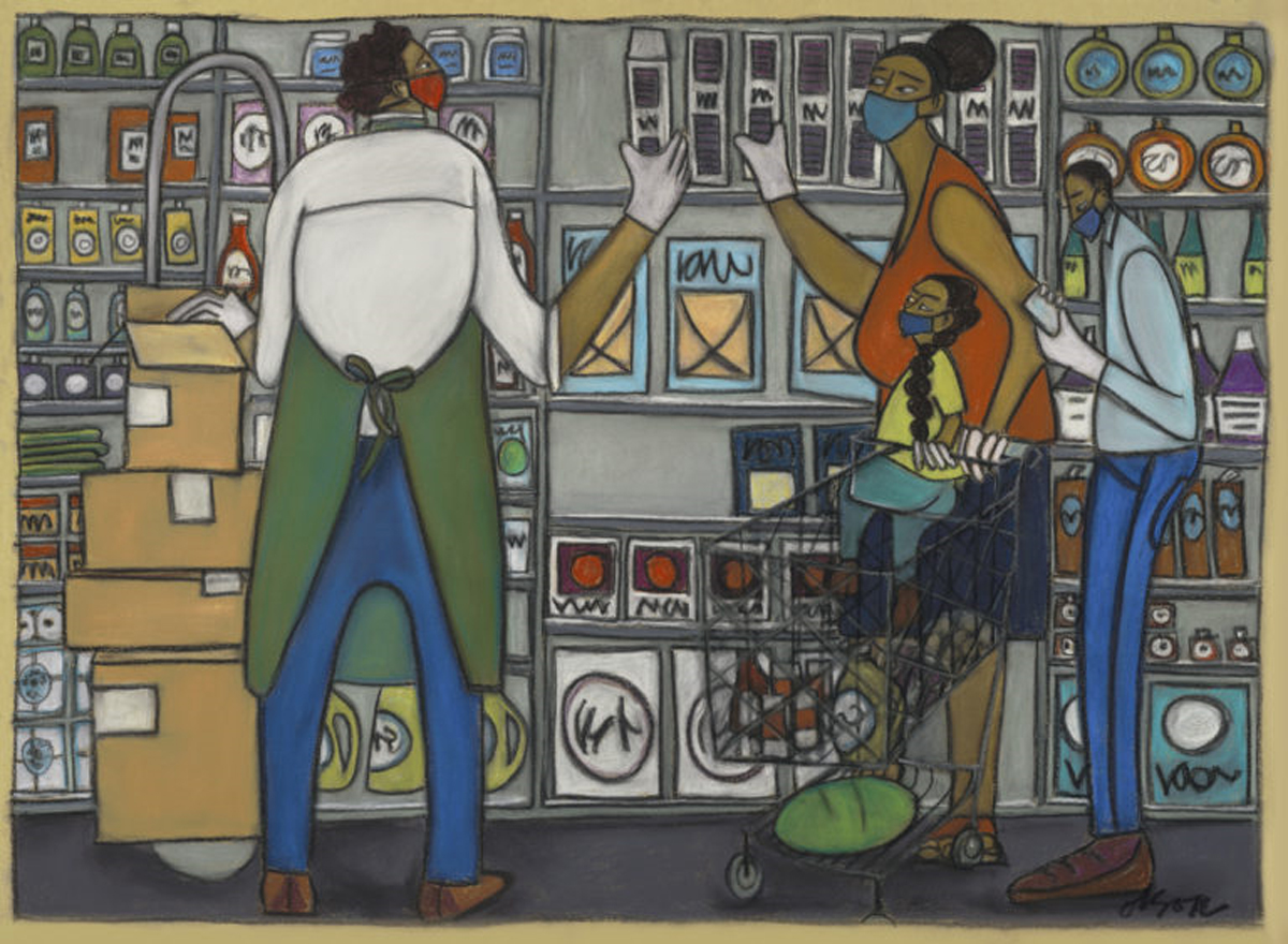 painting of a grocery worker and customers in a store aisle