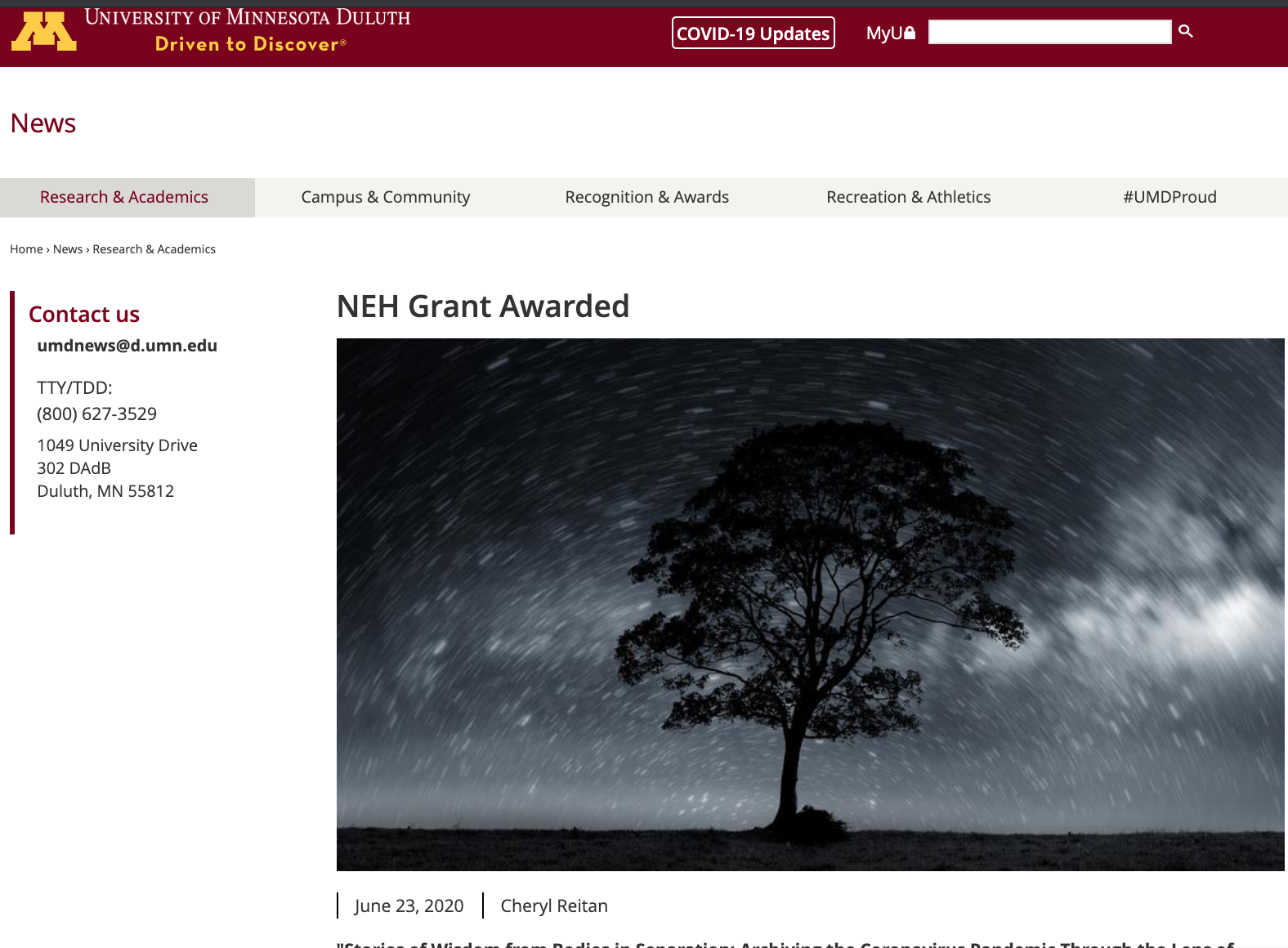 UMD press release of NEH Grant award