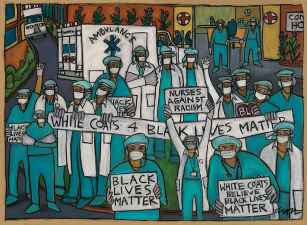 Painting of medical workers holding white coats 4 black lives matter