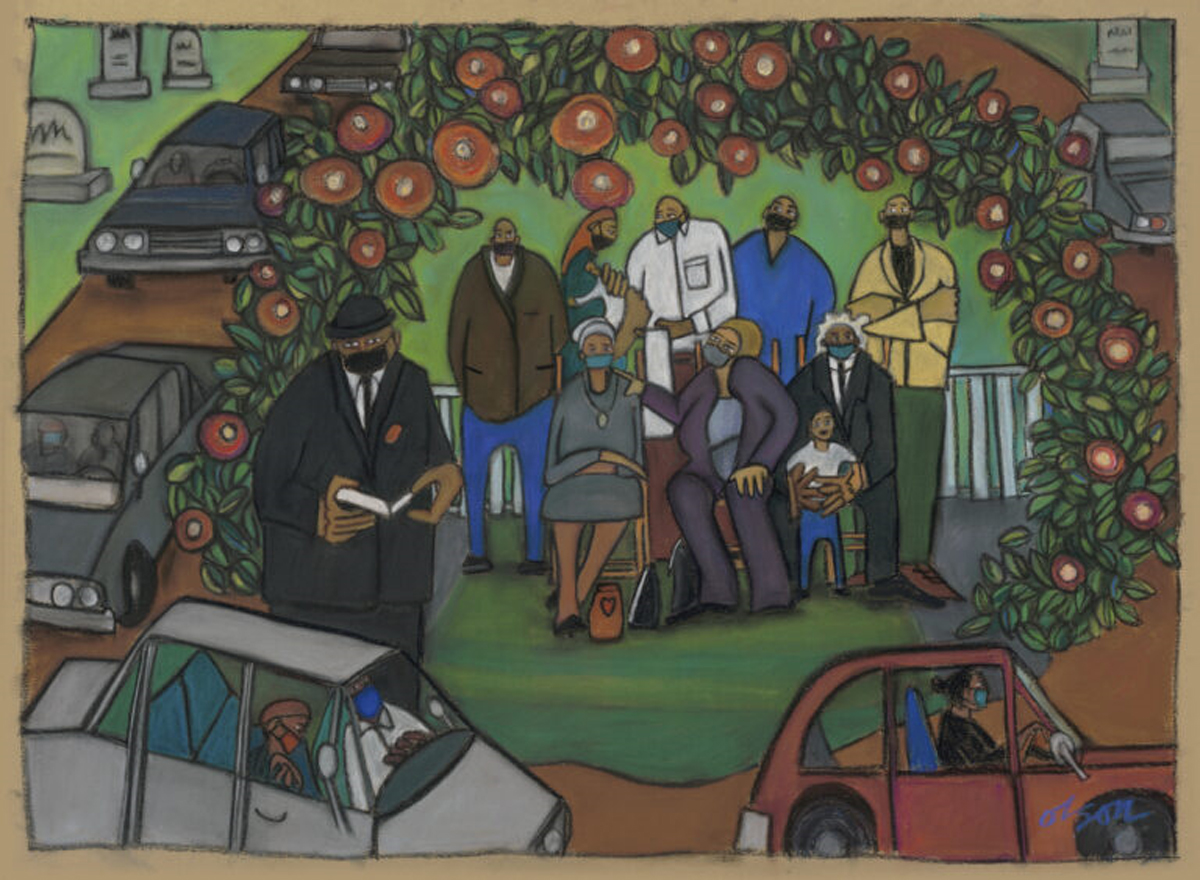 painting of a family at a funeral