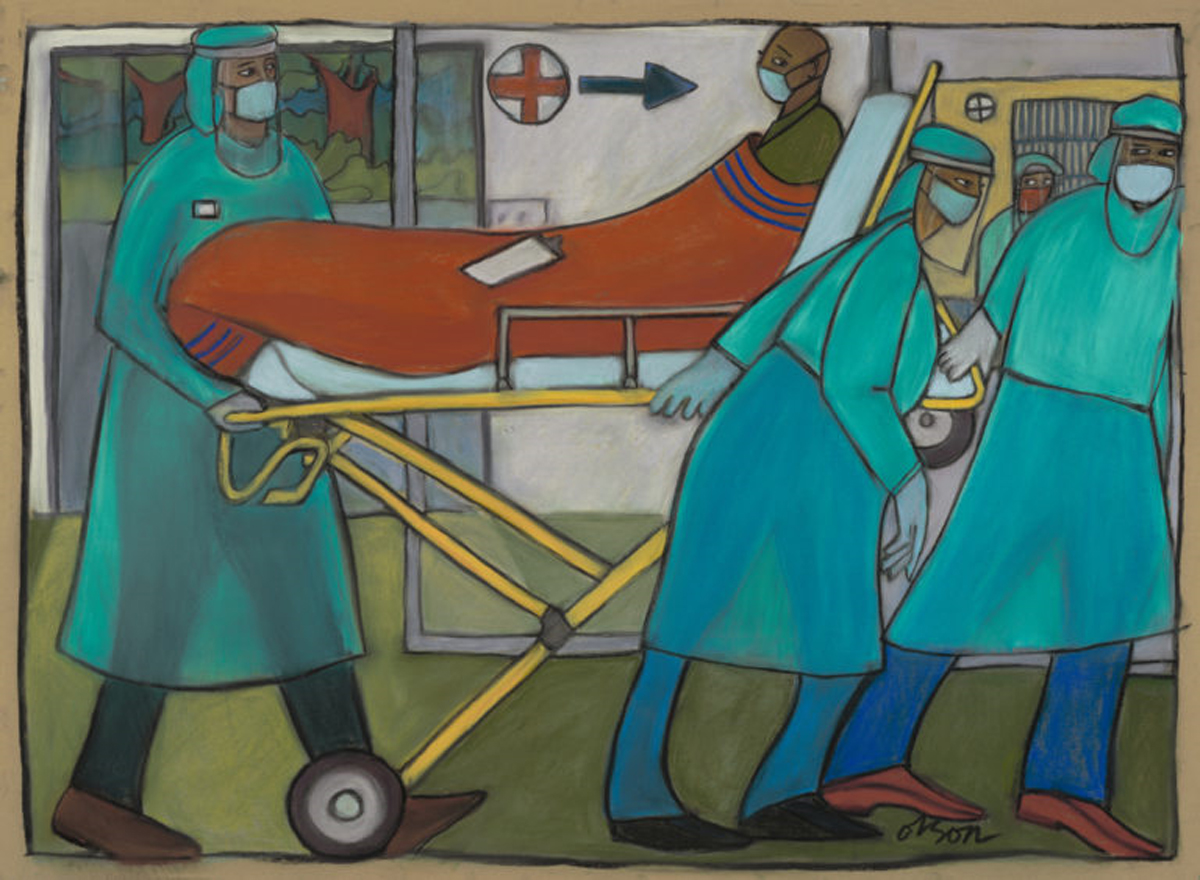painting of patient being put into an ambulance