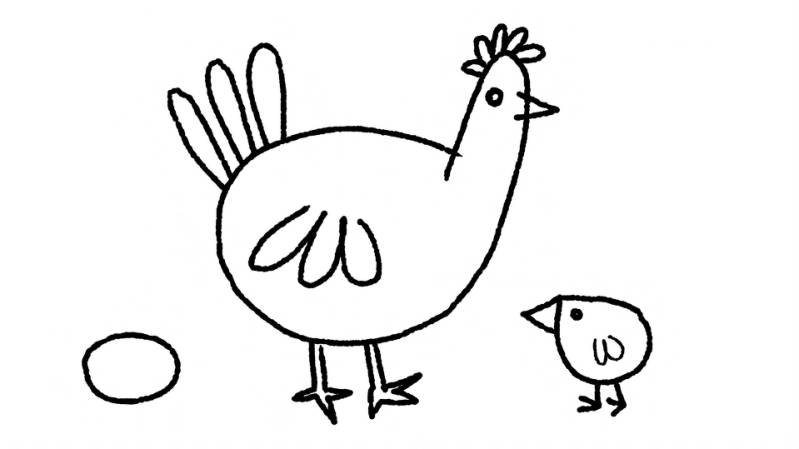 drawing of a chicken, an egg, and a chick