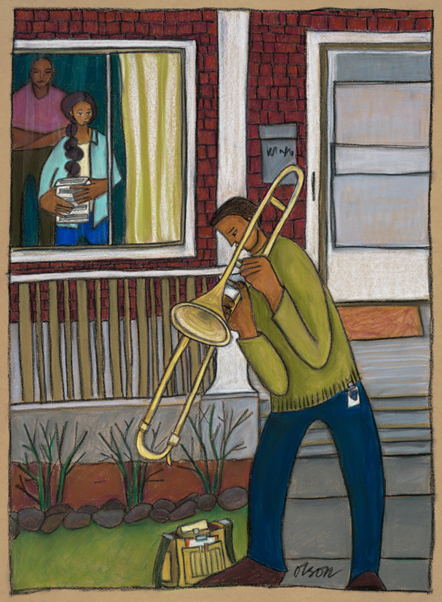 painting of a person playig the trombone outside of their house while people watch from a window