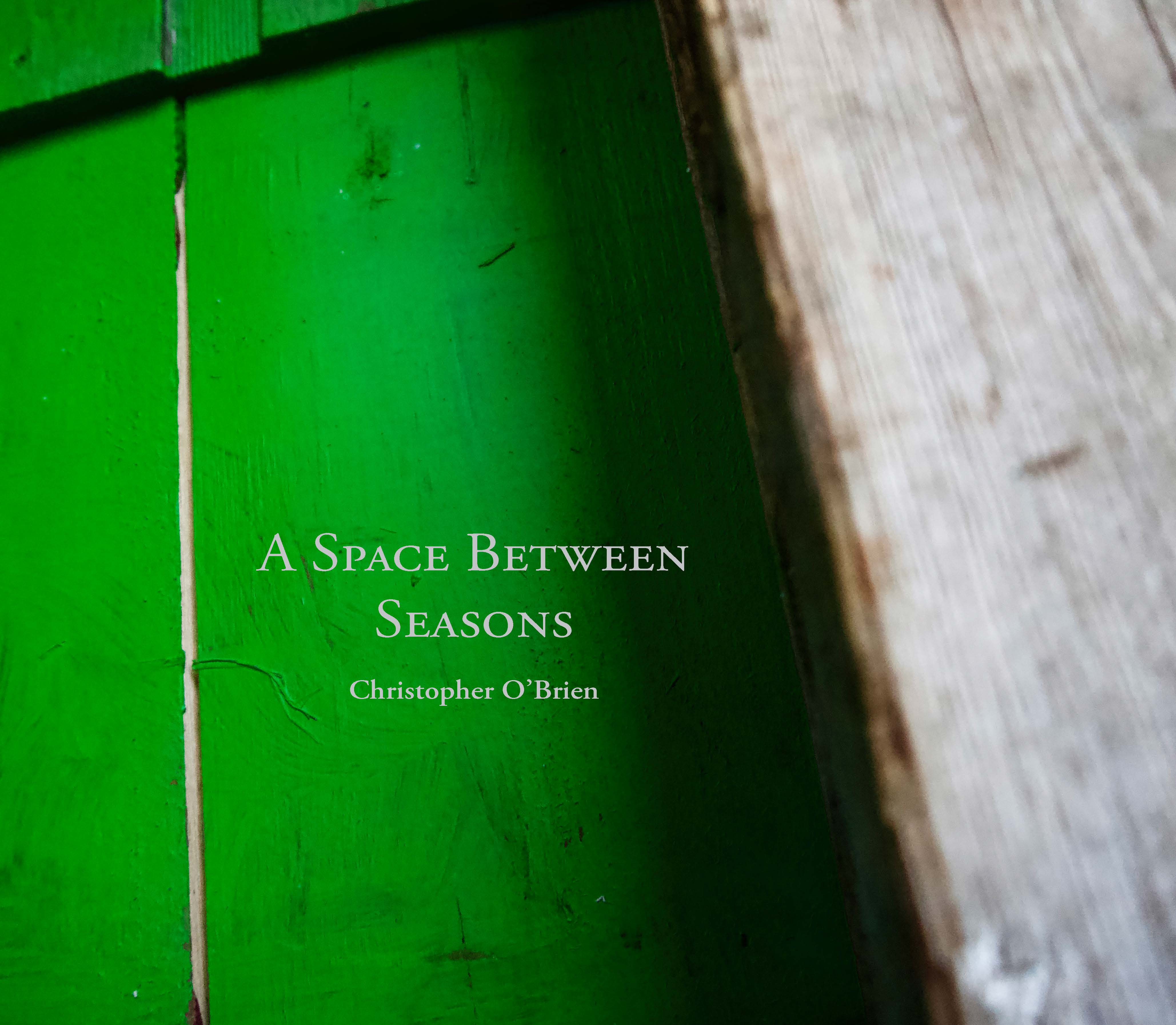 Cover page of A Space Between Seasons with an image of natural and green painted wood