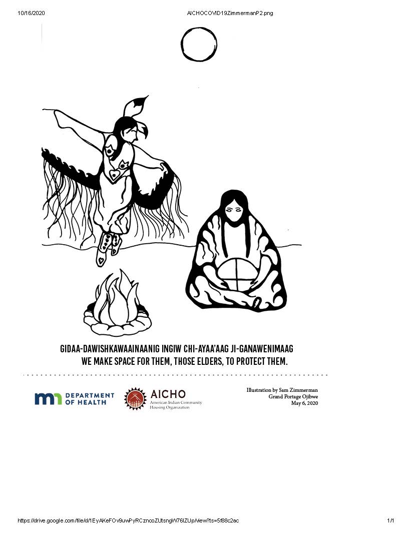 coloring sheet of a traditional dressed dancer, fire, and elder 