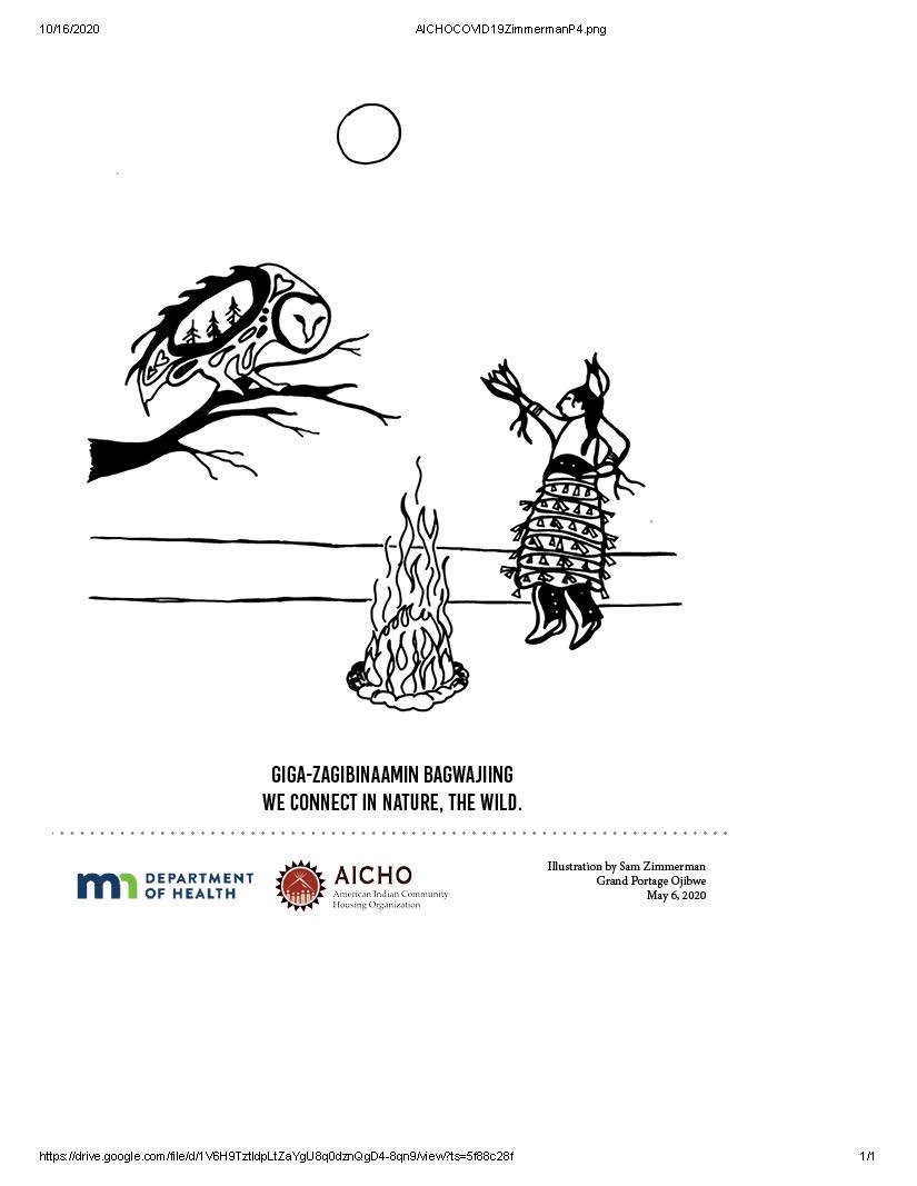 coloring sheet of an owl on a branch, a jingle dress dancer and a fire