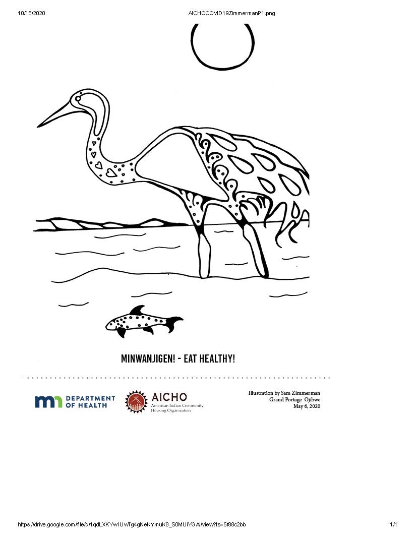 coloring sheet of a crane and a fish in a lake