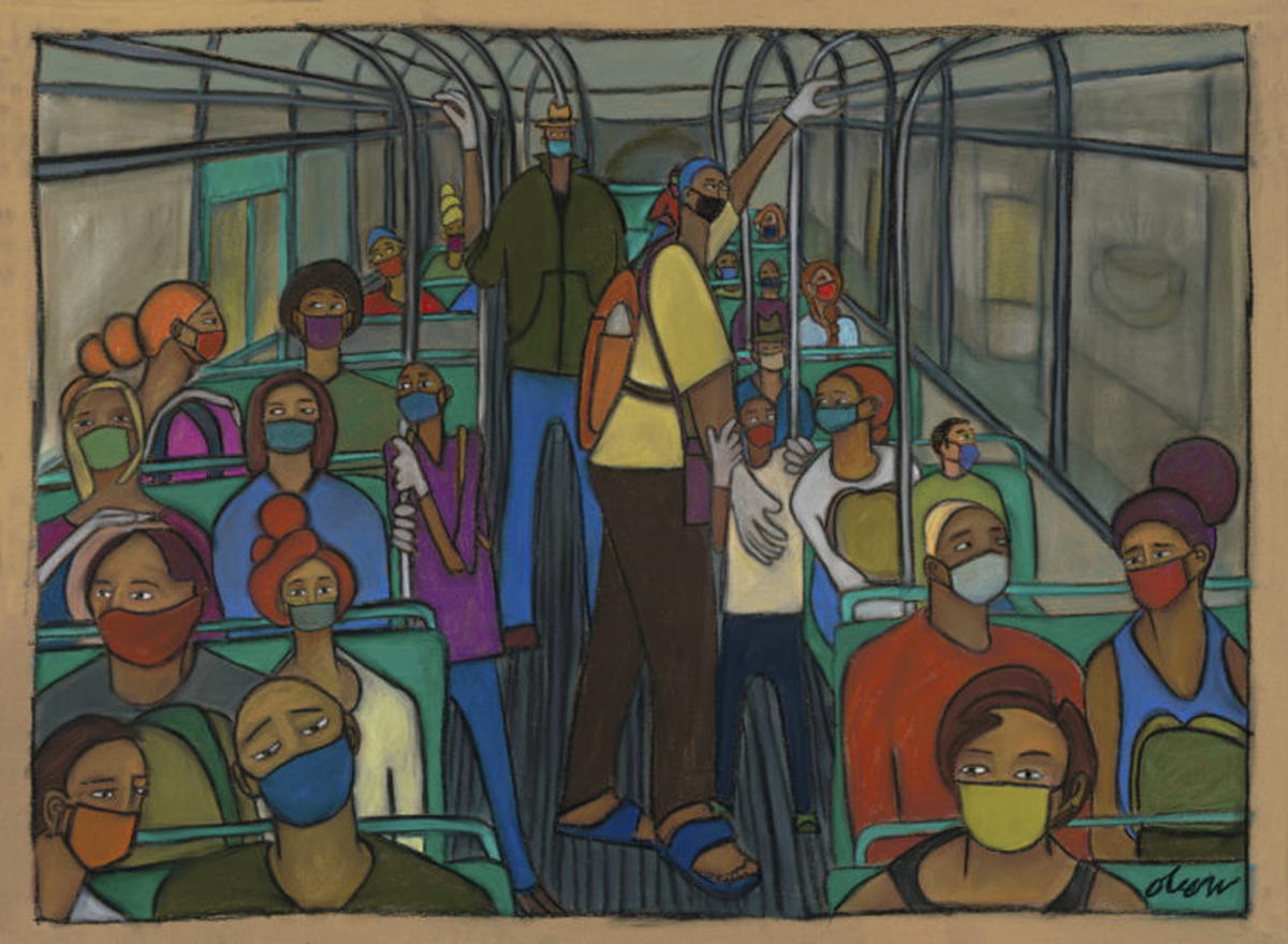 painting of a full bus of people and people standing in the aisle