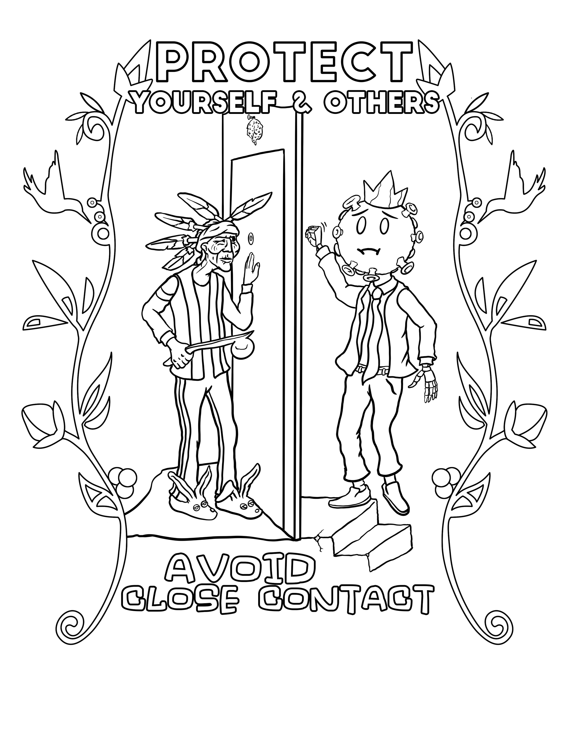 Coloring sheet by Jonathan Thunder that says protect yourself and others with characters and vines