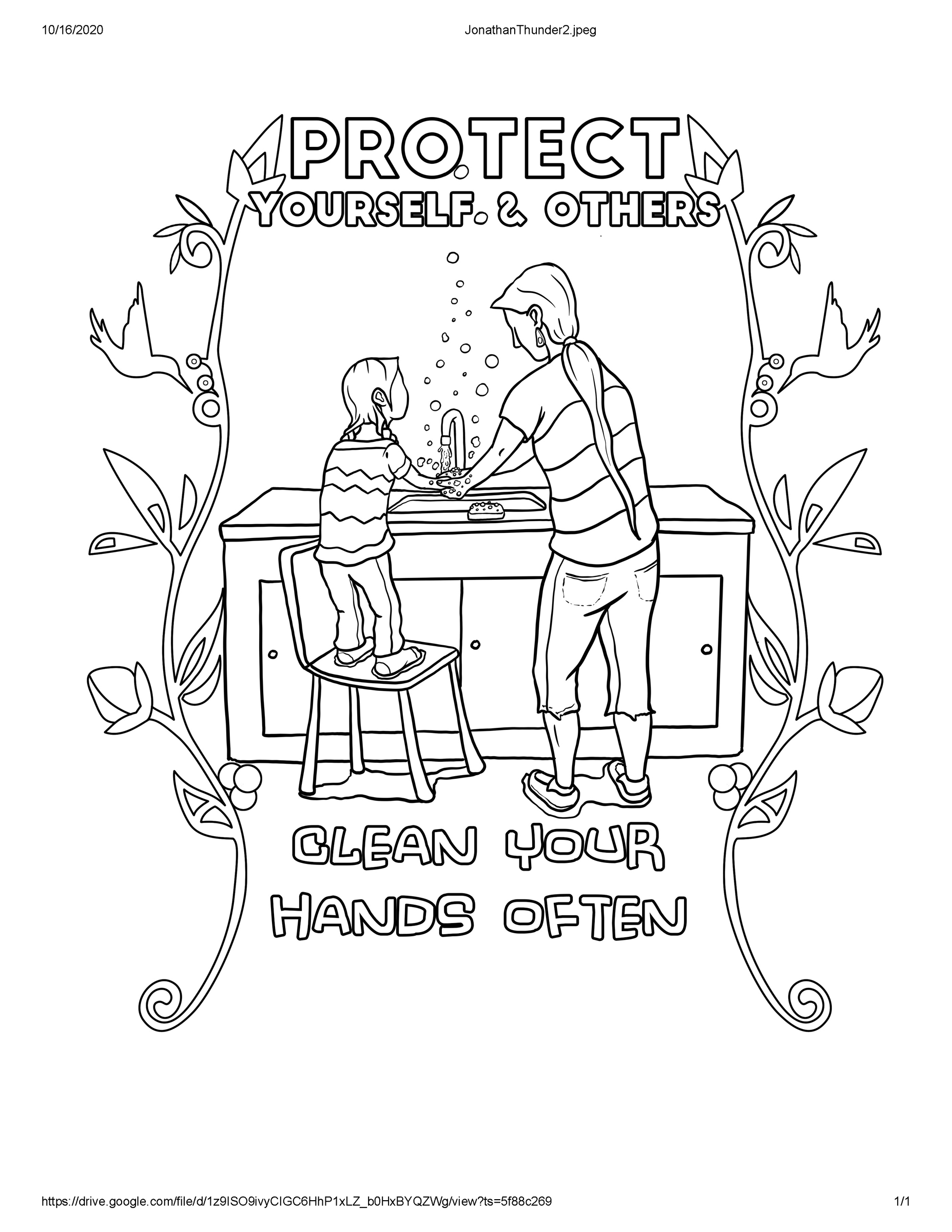 coloring sheet of vines and characters washing hands that says protect yourself and others