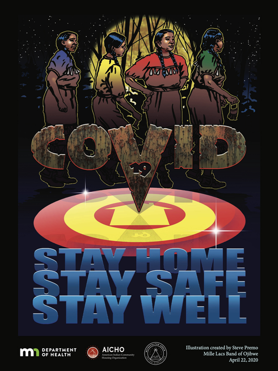poster image of four women in traditional dress that says stay home, stay safe, stay well