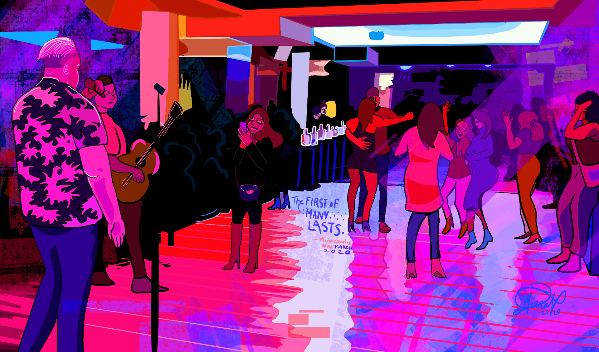 digital illustration of people gathering overlaid with intense pink and purple coloring