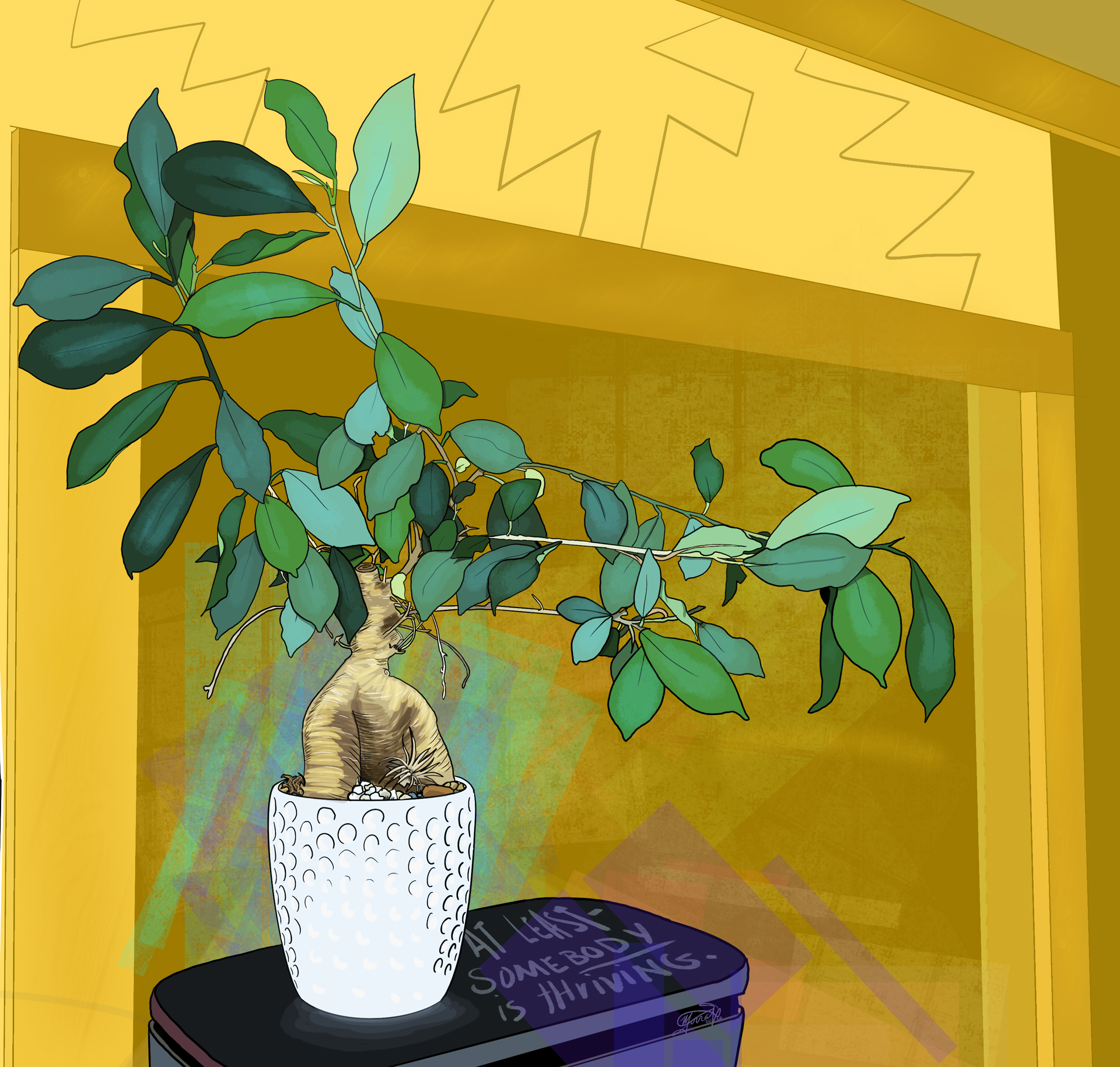 Digital illustration of a potted plant with green leaves in a white pot with a yellow wall and purple table