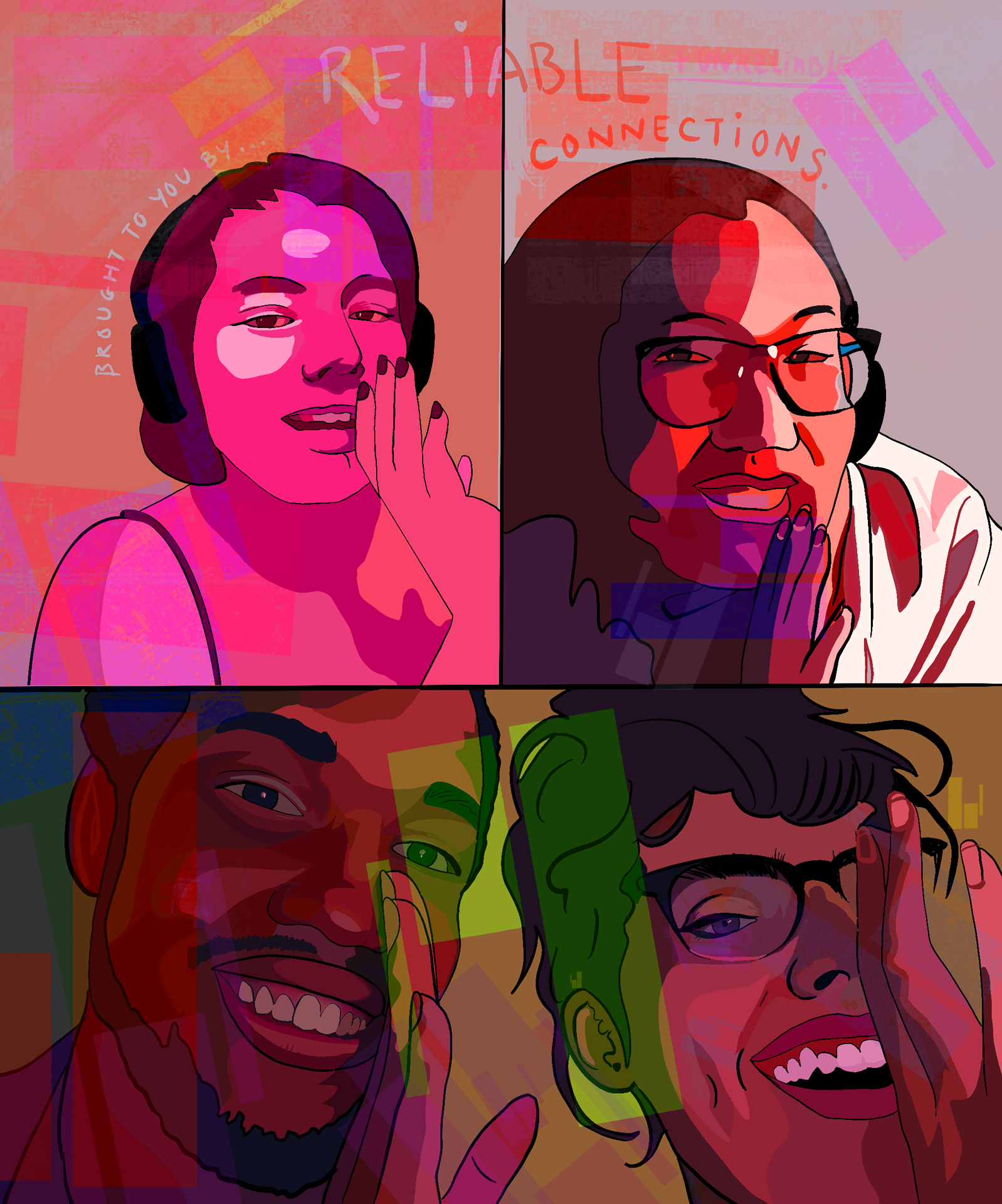 Digital illustration showing four faces in each quarter of the image with pink and green coloring