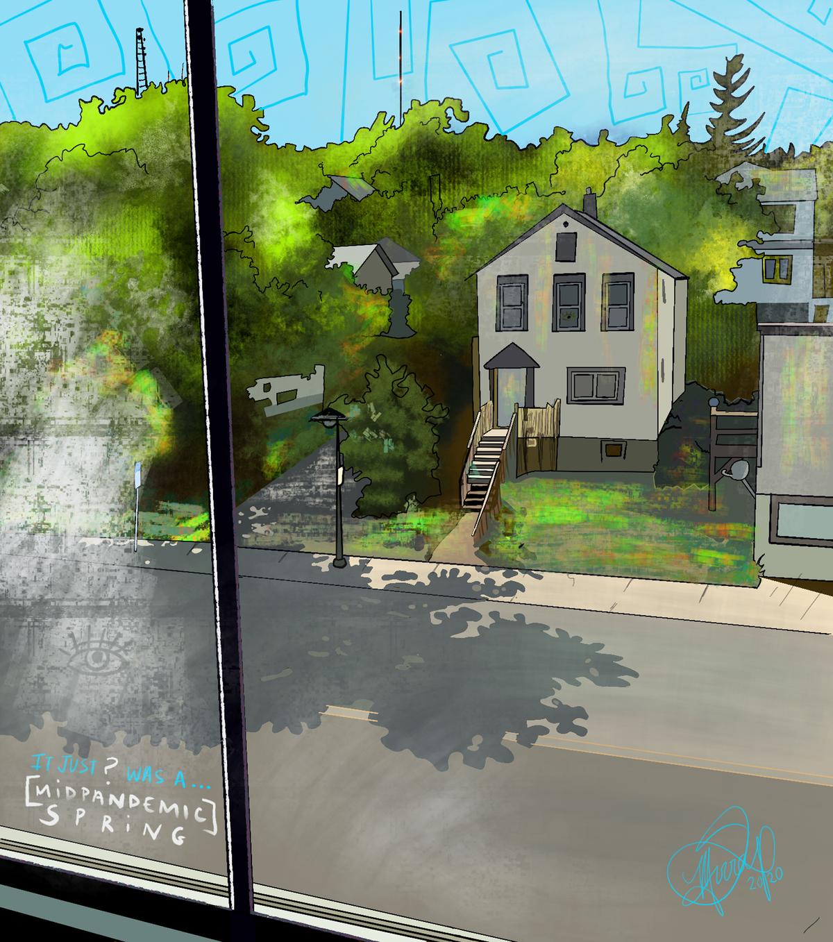digital illustration of a scene looking through a window to a house across the street with green trees and blue skies