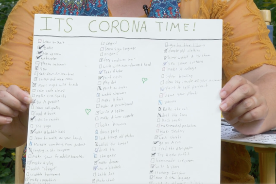 Kathren Kloss holding "Its Corona Time" list