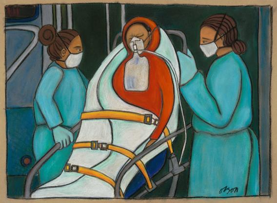 painting of a patient on a stretcher with air mask