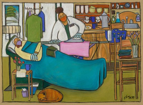 painting of a woman ironing with a person laying in a hospital bed nearby