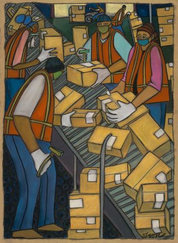 painting of postal workers in sorting facility