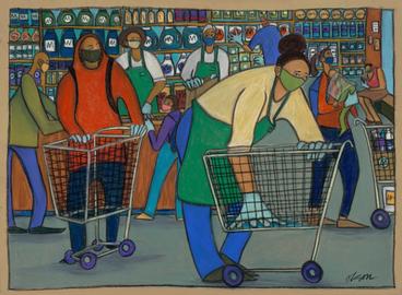 painting of grocery store workers and carts