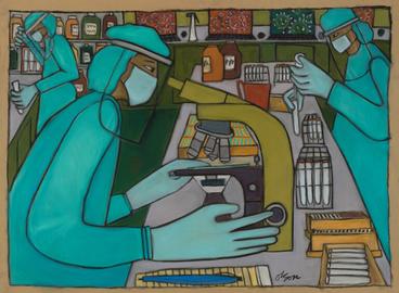painting of a lab worker looking into a microscope