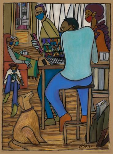 painting of a person on a stool with a dog sitting at their feet looking up