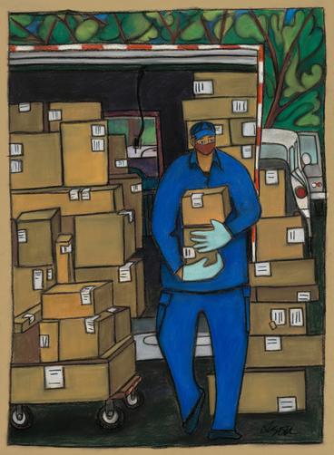painting of a delivery person with stacks of boxes around them