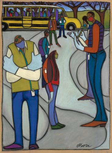 painting of people waiting in line at a physical distance with a bus in the background